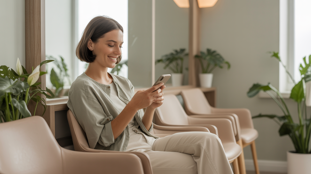 Patiente utilisant son téléphone dans une salle d'attente médicale moderne